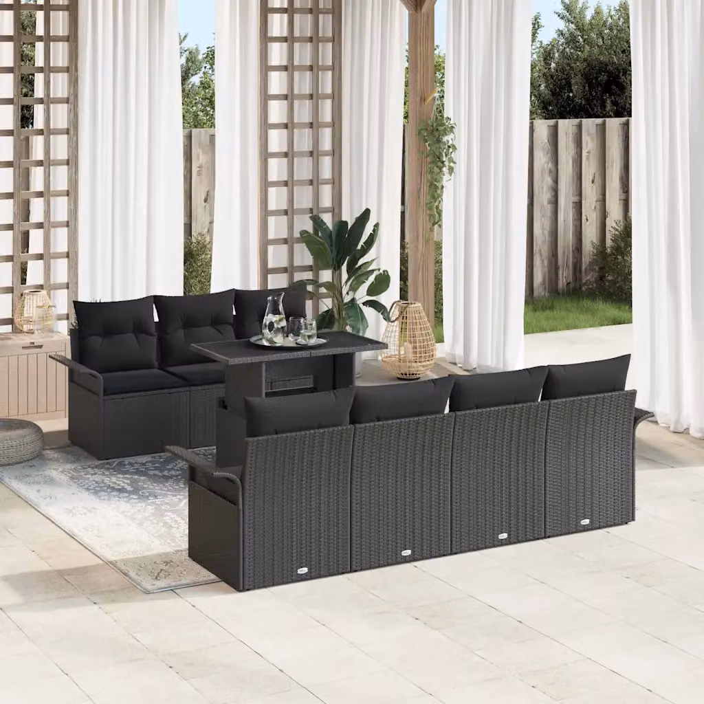 Set Divano da Giardino Moderno vidaXL 8 Pezzi Nero con Cuscini e Tavolino in Vetro – 1