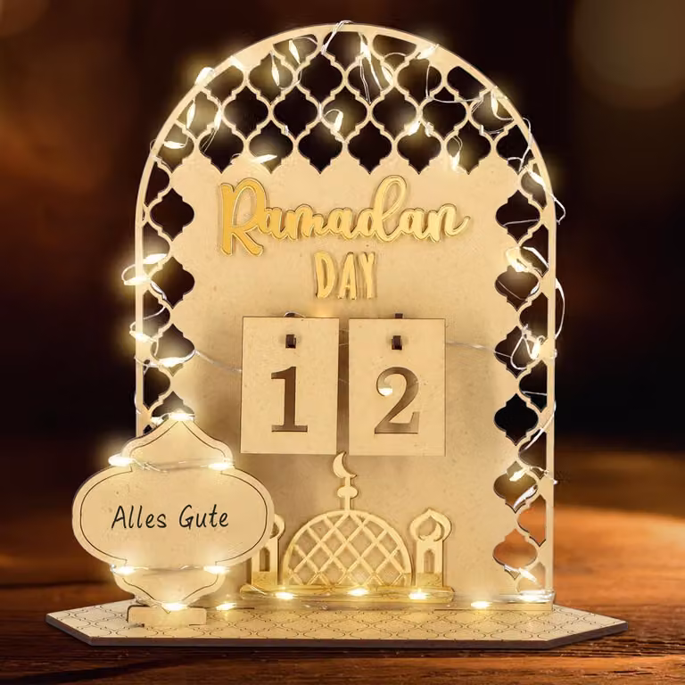 Calendario del Ramadan in legno con catena di luci a LED, decorazione per il conto alla rovescia