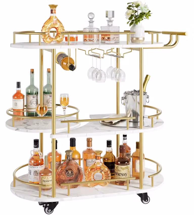 Carrello servitore - Carrello bar mobile - 3 ripiani - Scomparti portaoggetti - Portabottiglie per vino - Portabicchieri - Colore: oro