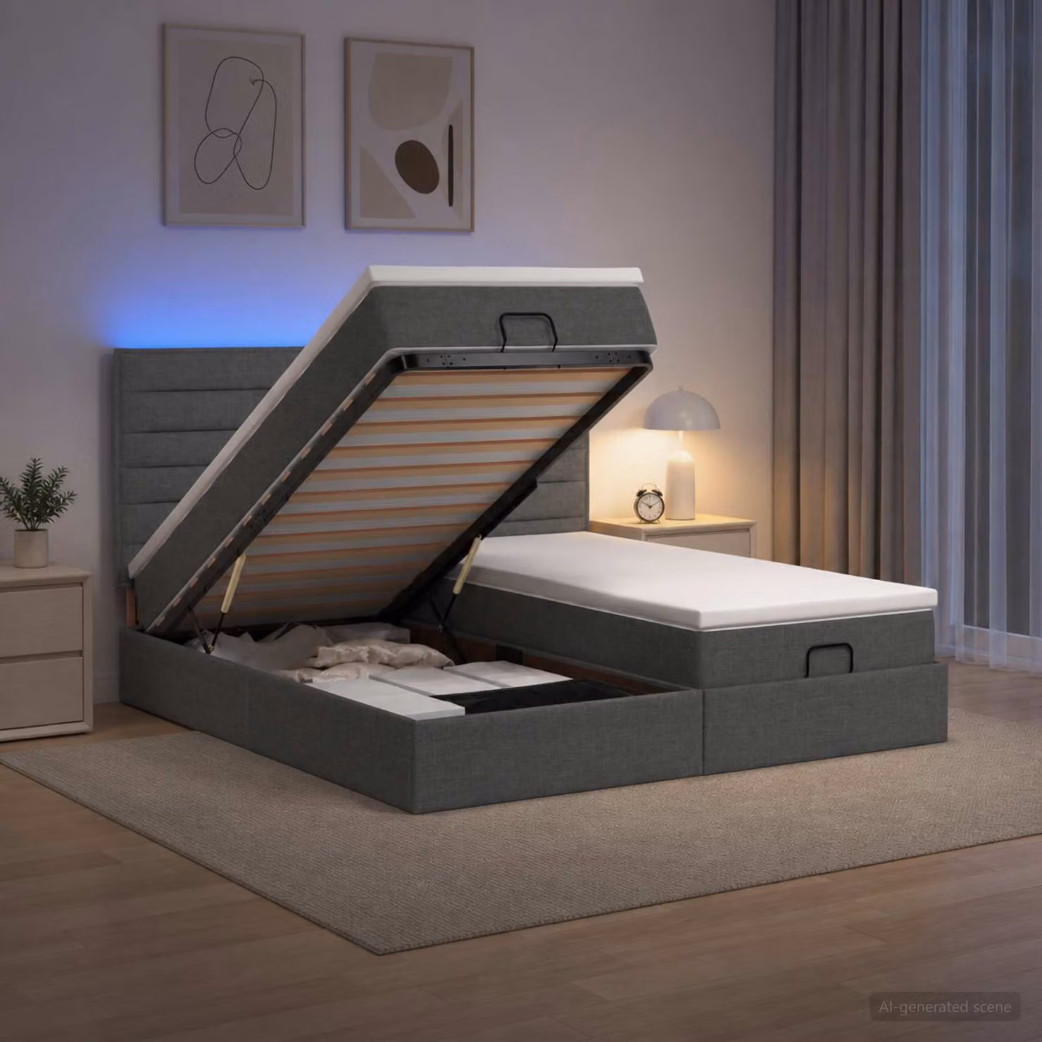 vidaXL Letto Ottomano con Materasso e Illuminazione LED Grigio Scuro L: 160 cm, P: 200 cm