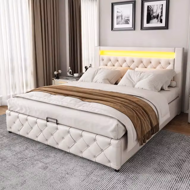 Letto imbottito 160x200 cm in PU bianco con LED; rete a doghe e contenitore