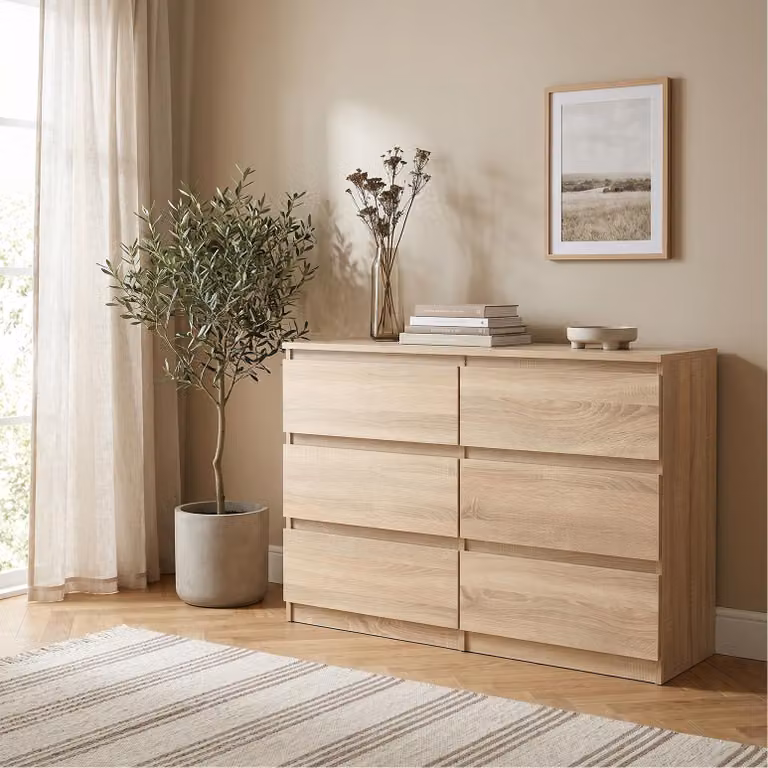 Comodà Masseno NUDO da 120 cm con 6 cassetti e ante, per soggiorno e camera da letto, stile moderno, 120x39x78,5 cm, rovere Sonoma / rovere Sonoma