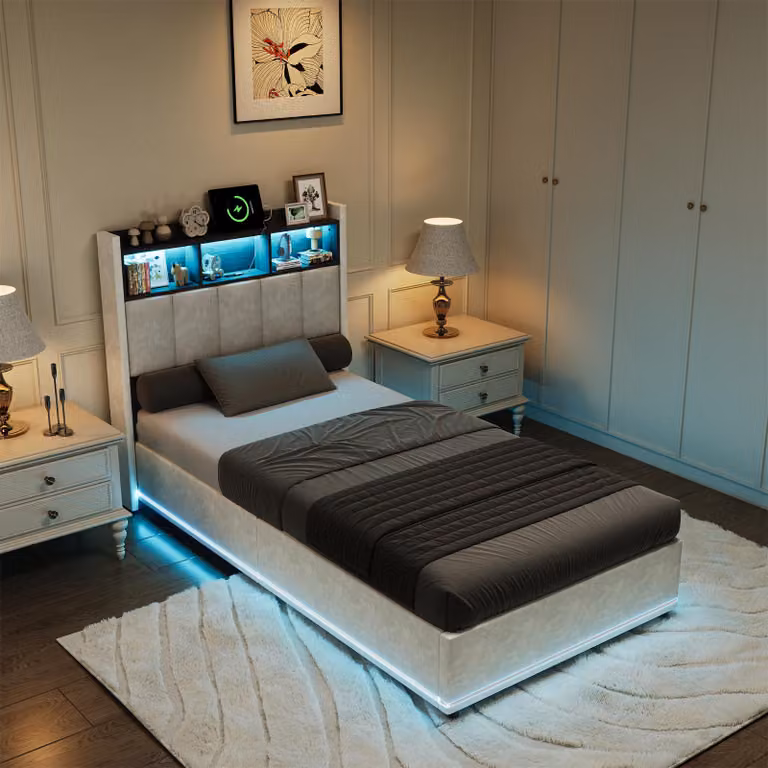 UnboxG Letto singolo idraulico 90×200 cm bianco, letto imbottito in velluto con contenitore, testiera e cornice letto a LED, USB e Type-C