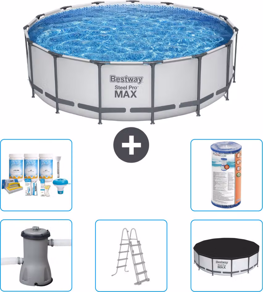 Piscina Bestway Round Steel Pro MAX - 457 x 122 cm - grigio - inclusa pompa - scala - copertura pacchetto manutenzione - filtro