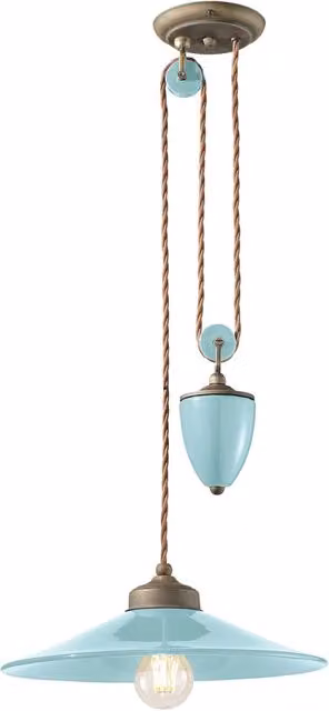 Lampadario Vintage Colors Saliscendi Ferro E Ceramica Azzurro 1 Luce E27