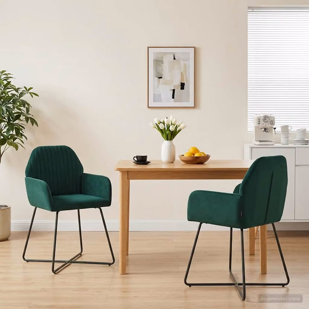 Set di 2 sedie da pranzo vidaXL in velluto verde scuro con struttura in metallo, L: 55 cm, P: 50 cm, H: 84 cm