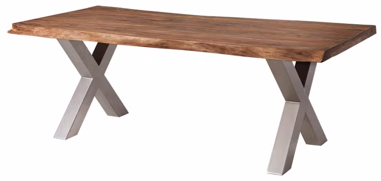 MASSIVMOEBEL24 | FREEFORM 5 tavolo da pranzo in legno di sheesham - verniciato grigio / gambe in ferro X argento matt 260x100
