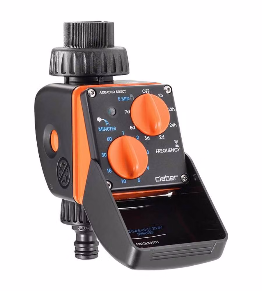 Programmatore digitale per rubinetto Claber Aquauno Select per microirrigazione a goccia, Nero/Arancione – 2
