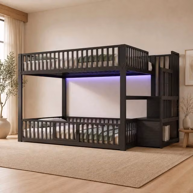 Letto a castello basso 140x200 cm con scala contenitore e LED; nero
