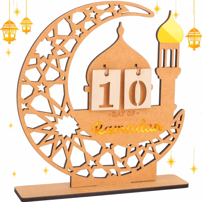 Calendario in legno per l'inizio del Ramadan, con forma di mezzaluna e moschea, per 30 giorni