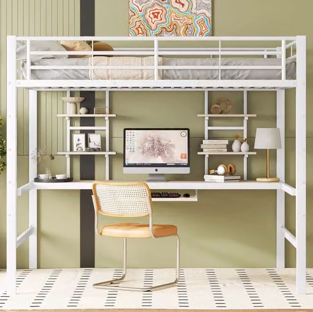 Letto a soppalco 140x200 cm in metallo e MDF; bianco; con scrivania e 2 librerie