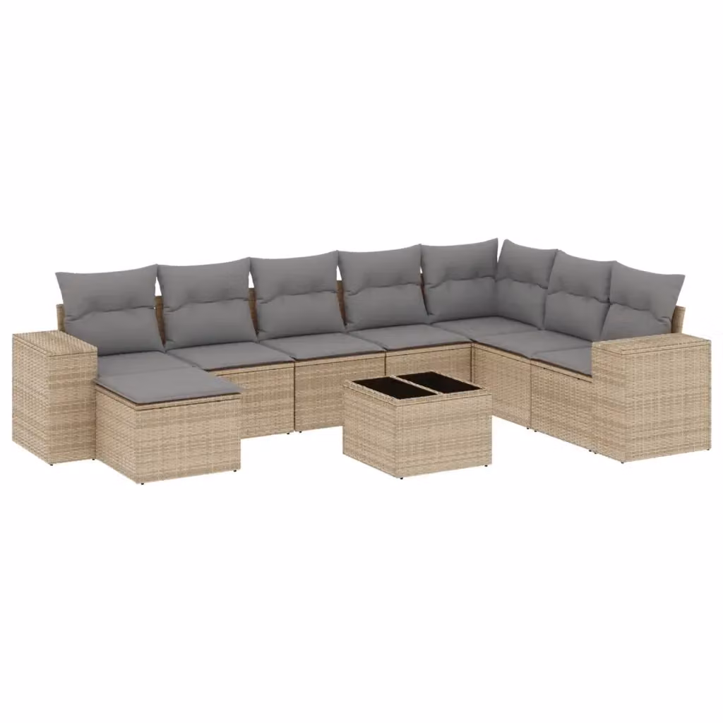 vidaXL Set Divano da Giardino a L 9 pz in Polyrattan con Cuscini Beige e Tavolino – 2