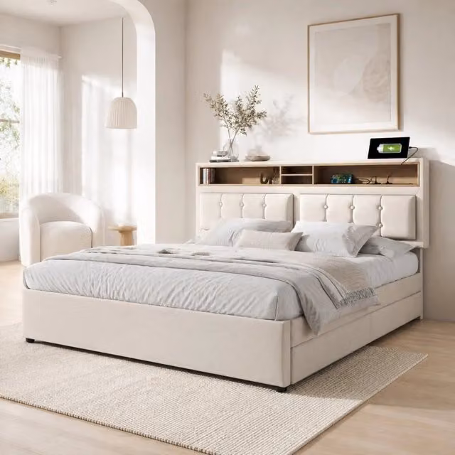 Letto matrimoniale imbottito 140x200 cm in lino con testiera regolabile; 4 cassetti; prese USB e Type C; beige chiaro