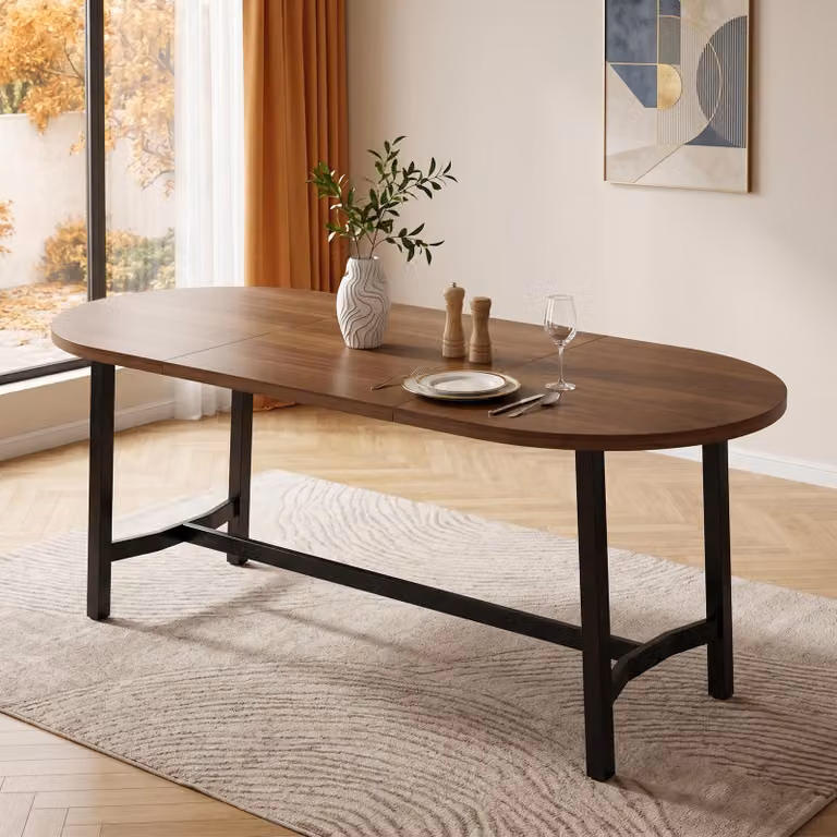 Tavolo da pranzo Flieks con angoli arrotondati, gambe in ferro, adatto per 6-8 persone, dimensioni 180x80x75 cm, tavolo per la sala da pranzo, tavolo da cucina, finitura in legno noce