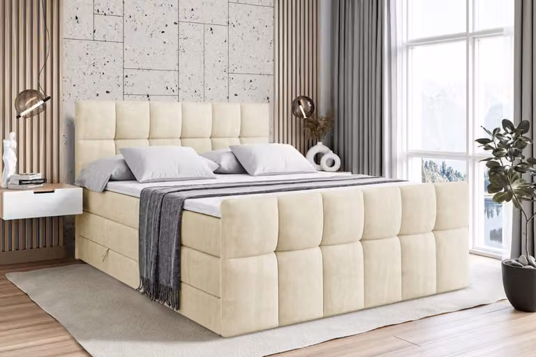 Letto boxspring ALTDECOR con materasso e rete a doghe - RICAR -Z KING - 160x200 cm - Beige Monolith - Topper, pediera, letto imbottito con contenitore, letto con vano portaoggetti H3 e H4 - Materasso, letto matrimoniale, letto boxspring