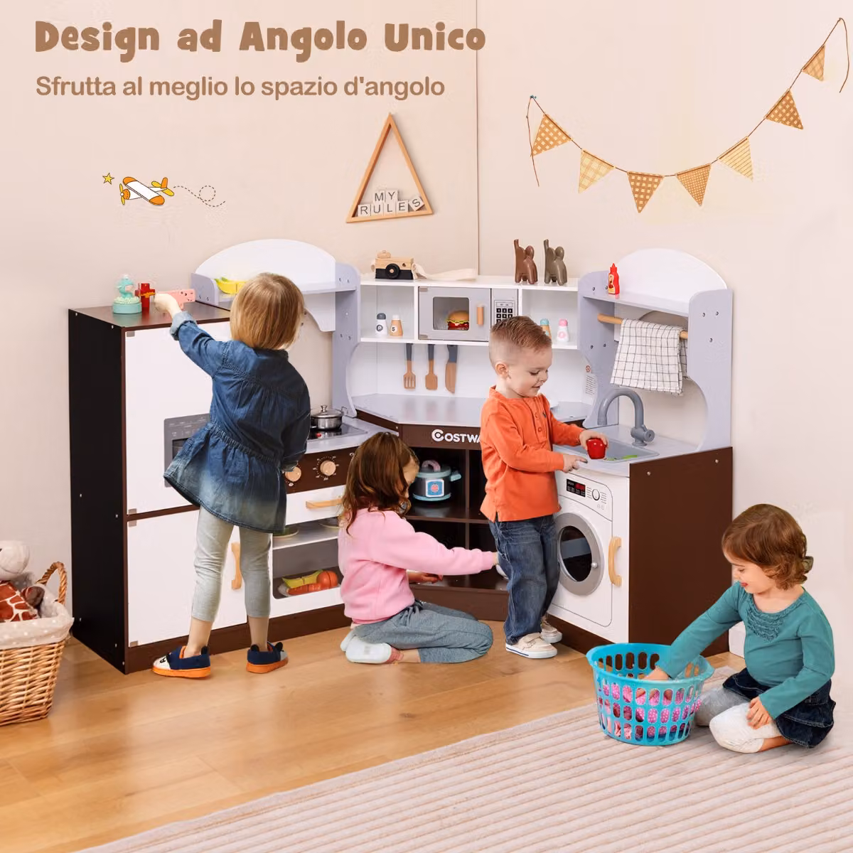 Cucinetta ad angolo in legno Costway per bambini, set cucina giocattolo con macchina del ghiaccio, microonde, forno e lavello, marrone e bianco