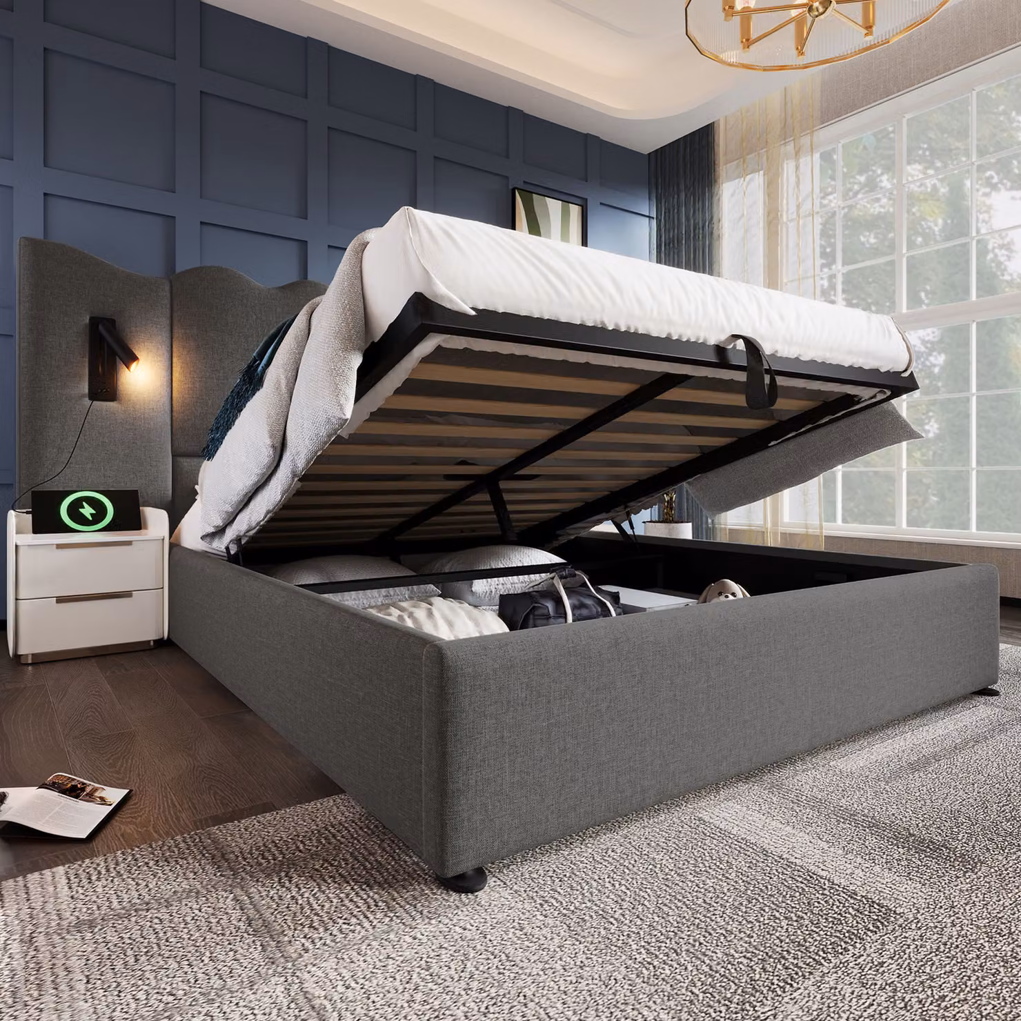 Letto imbottito idraulico Flieks 180x200cm con funzione di carico e lampada da lettura, letto contenitore letto matrimoniale con rete a doghe, lino, grigio