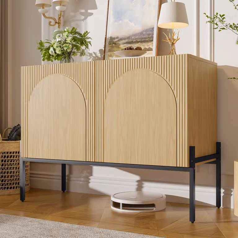 Mobile contenitore laterale Merax con 2 ante, credenza con gambe in metallo, mobile buffet con design ad arco, armadio contenitore per soggiorno, sala da pranzo o ingresso, finitura naturale