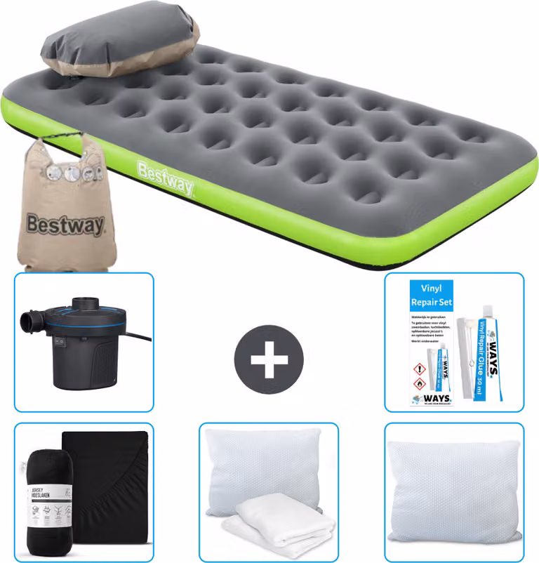 Materasso gonfiabile Bestway - 1 persona - 99 x 188 x 22 cm - grigio/verde - accessori inclusi