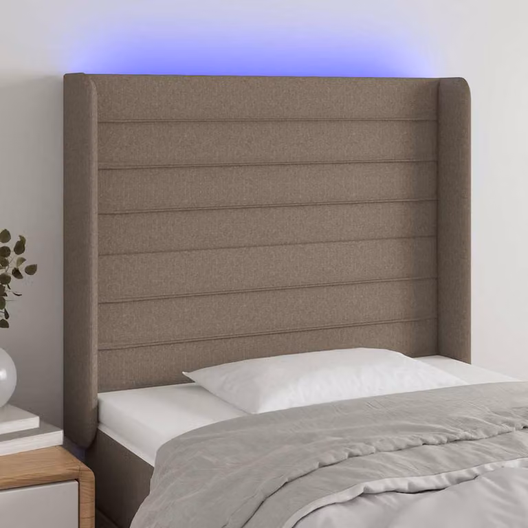 Testiera con LED e porta USB vidaXL in tessuto color tortora, L: 103 cm, P: 16 cm, H: 118-128 cm