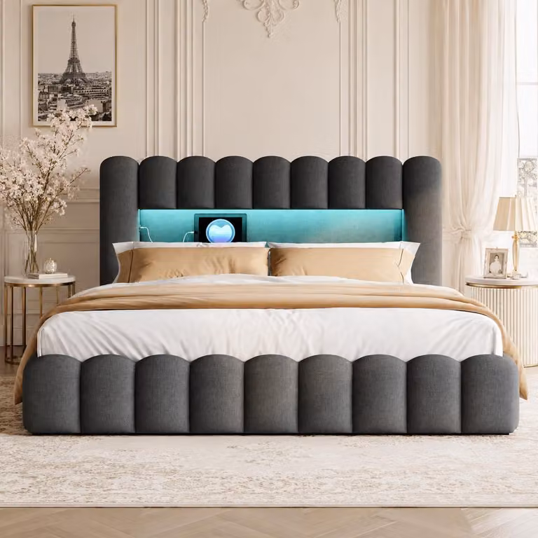 Letto imbottito INONEFT 180x200 cm con LED e porta USB di tipo C, letto con struttura a molle e rete a doghe, contenitore integrato, tessuto in lino color grigio scuro