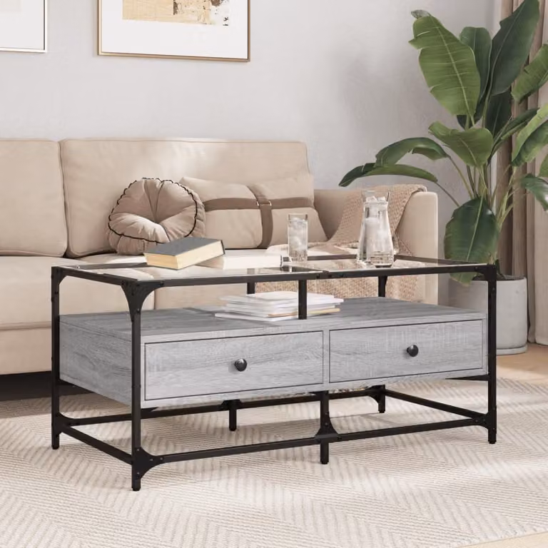 vidaXL Tavolino rettangolare con piano in vetro e struttura in metallo, Grigio Cemento, L: 98,5 cm, P: 50 cm, H: 45 cm