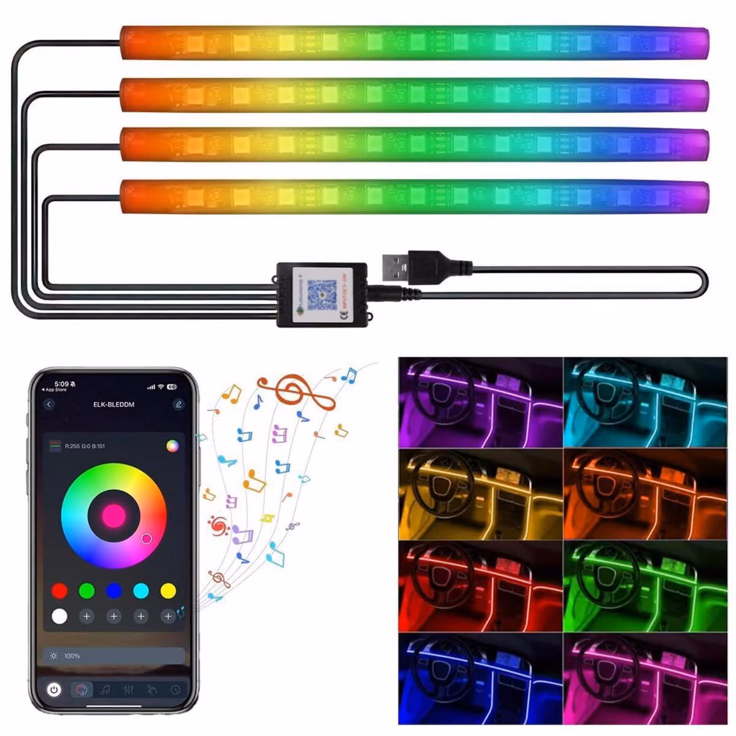 Illuminazione interna per auto a LED, controllo tramite app, 4 pezzi, 48 LED, modalità musicali USB, illuminazione d'ambiente decorativa
