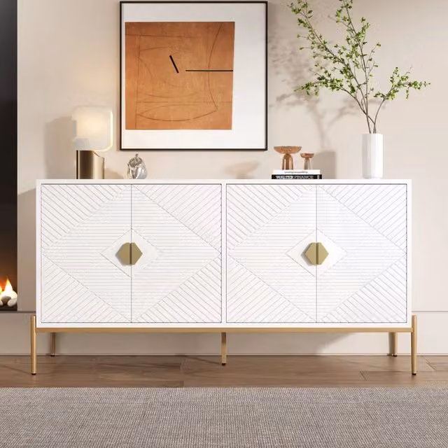 Credenza moderna REDOM in MDF e metallo, design geometrico bianco e oro, L: 162 cm, P: 40 cm, H: 80 cm