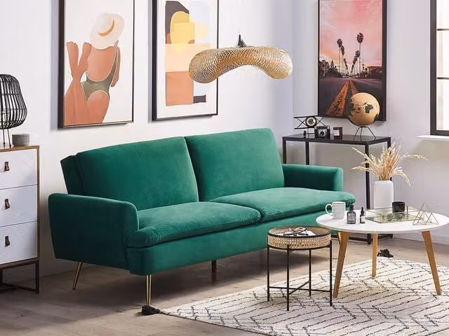 Divano Letto Click Clack Beliani in Velluto Verde con Gambe in Metallo Dorato per 3 Persone – 1