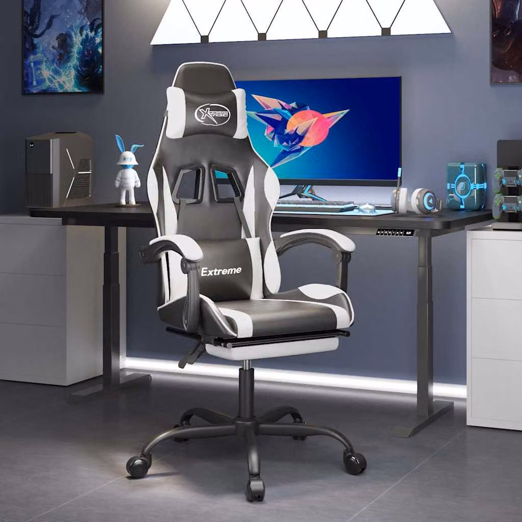 Sedia da Gaming vidaXL Girevole con Poggiapiedi e Braccioli in Similpelle Multicolore Nero e Bianco