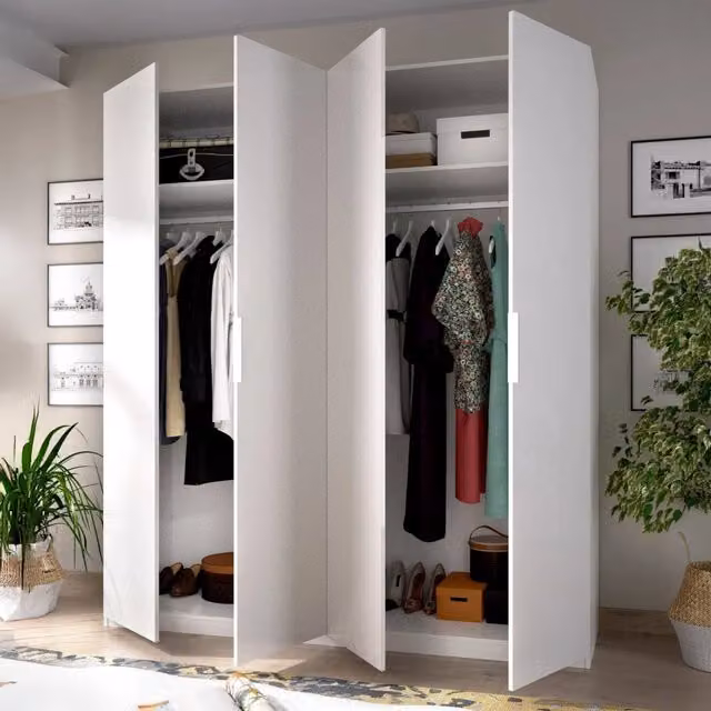 Armadio DMORA Iuventas per camera da letto, mobile appendiabiti moderno con 4 ante battenti, Bianco lucido, L: 180 cm, P: 52 cm, H: 204 cm