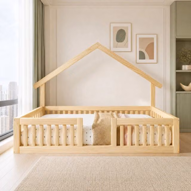 Letto a Casetta per Bambini 90x200 cm in Legno Naturale con Sponde e LED