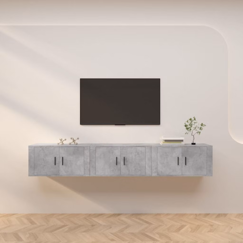 Set di 3 mobili porta TV da parete vidaXL in stile classico, colore grigio cemento, L 80 cm x P 34,5 cm x H 40 cm