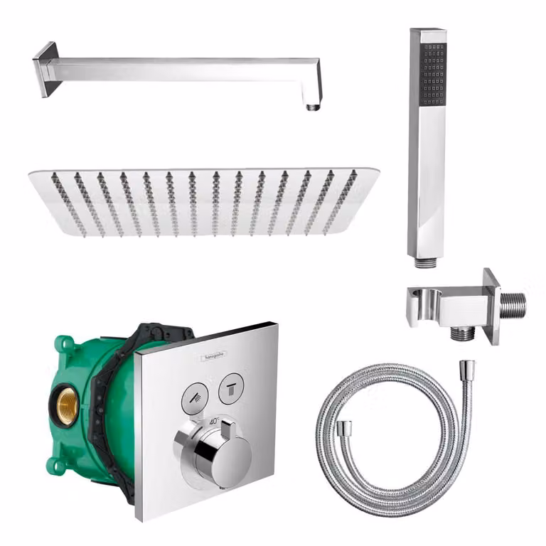 Set doccia Belvit con soffione a pioggia, doccetta manuale e tubo flessibile, completo di termostato da incasso rettangolare Hansgrohe ShowerSelect in cromo, inclusa la scatola di derivazione universale iBox