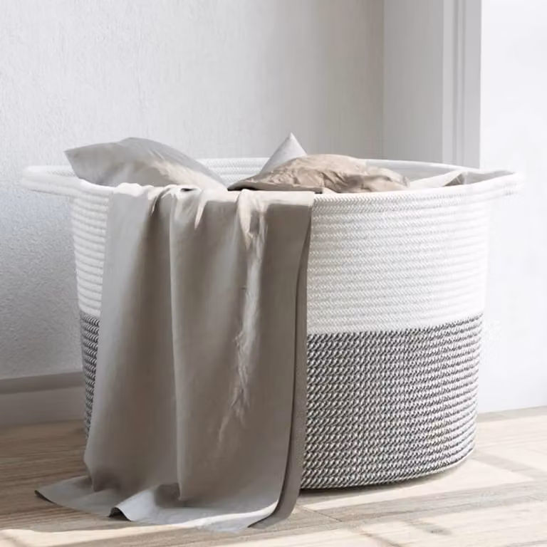 vidaXL Cesto per Biancheria in Cotone Grigio e Bianco con Maniglie, Pieghevole, Ø55 x H 36 cm