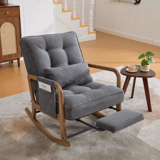 Poltrona a dondolo relax con poggiapiedi REDOM in legno e tessuto a righe grigio L: 70 cm, P: 80 cm, H: 92 cm