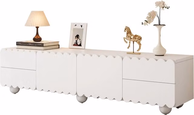 Mobile Porta TV da Soggiorno 175x38x28 cm Bianco, Design con Bordi Ondulati, 2 Ante e 4 Cassetti, Piedi Sferici, Struttura in Legno, Stile Moderno
