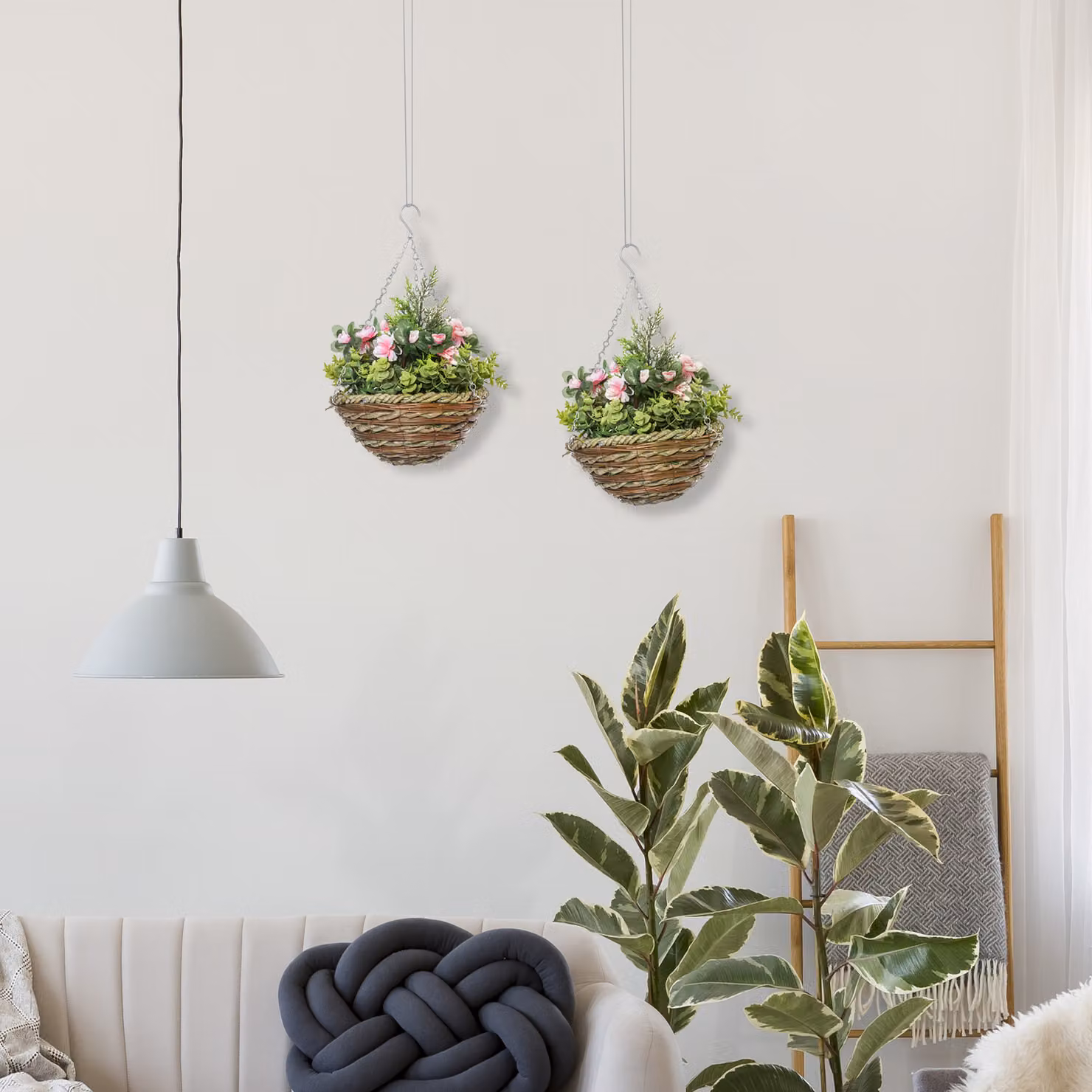 Set di 2 Piante Finte Lisianthus Outsunny da Appendere con Vaso in Vimini e Catenelle, Rosa e Verde, Ø 25 x 34 cm – 2