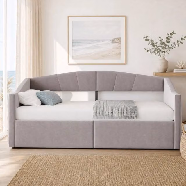 Letto imbottito singolo 90x200 cm con contenitore idraulico, rete a doghe e braccioli, tessuto vellutato grigio chiaro a righe