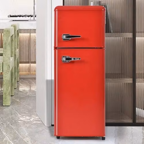 Frigorifero retrò; frigorifero congelatore; doppia porta; volume totale 92L; congelatore 28L; mensole alle porte; scaffali in vetro; luce LED; efficiente energetico; rosso