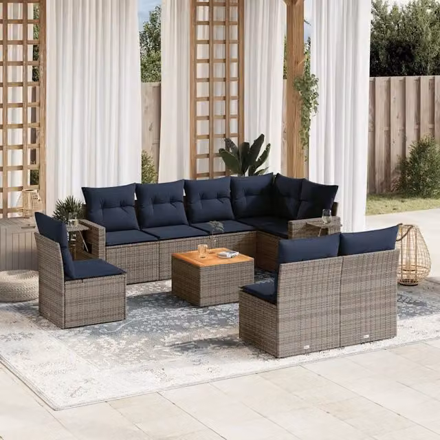 Set Divani da Giardino 9 pz con Cuscini Grigio in Polyrattan 3224605