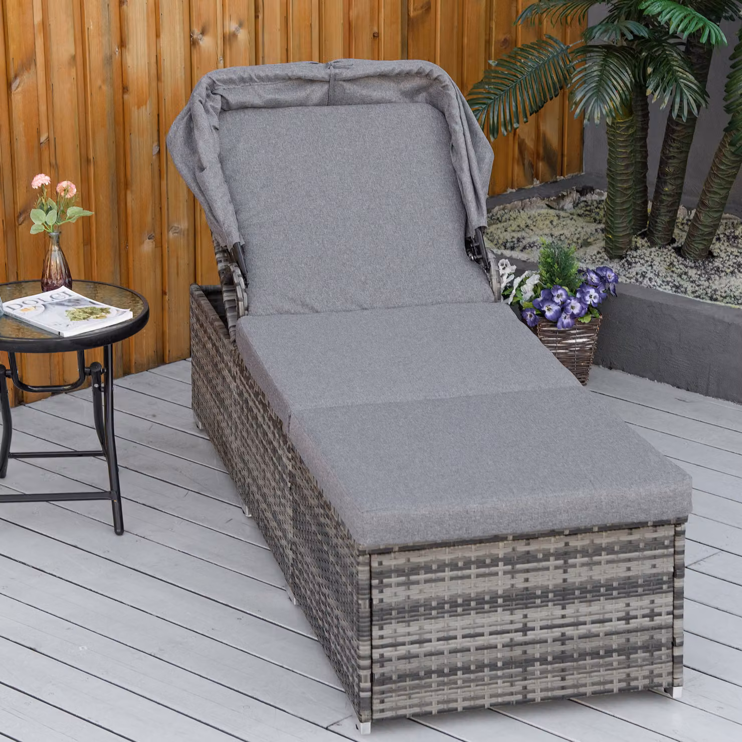 Lettino prendisole Outsunny in rattan PE grigio con schienale reclinabile a 4 livelli, tettuccio e materassino per esterno – 2