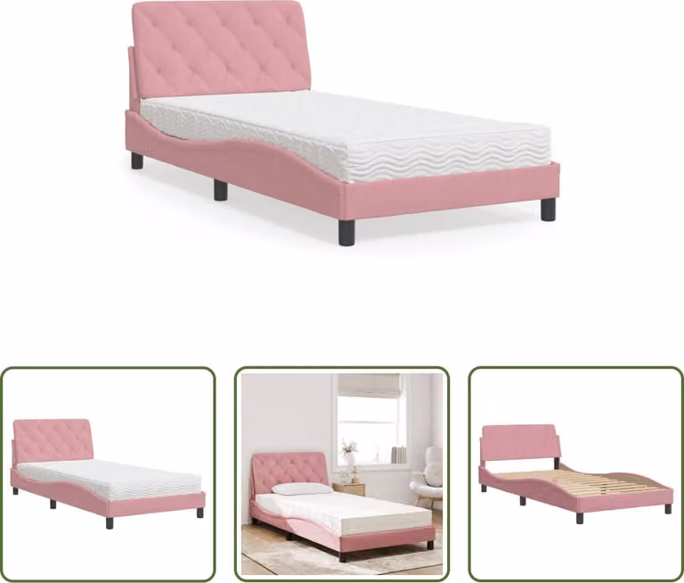 The Living Store Letto con materasso rosa 100x200 cm in velluto