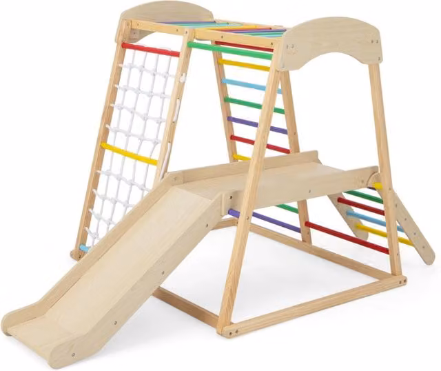 Parco giochi 6-in-1 per bambini 1+ anni con barre di scimmia scivolo corda e scale in legno, Palestra in legno Colorato-Arrampicate e scivoli