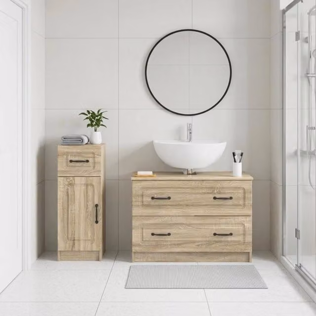 Set di mobili da bagno moderno vidaXL composto da base lavabo e pensile in legno marrone con ante a cerniera e ripiani interni L/P/H: 82,0 x 59,0 x 34,83 cm e 41,0 x 76,7 x 10,0 cm