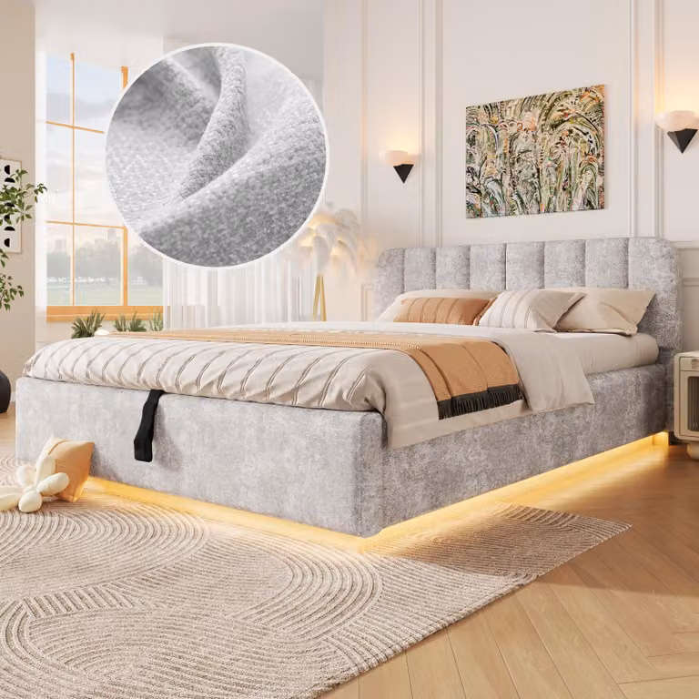 Letto imbottito 140 x 200 cm con contenitore a sollevamento idraulico, illuminazione a LED, rete a doghe e testiera imbottita, rivestito in chenille, colore grigio chiaro
