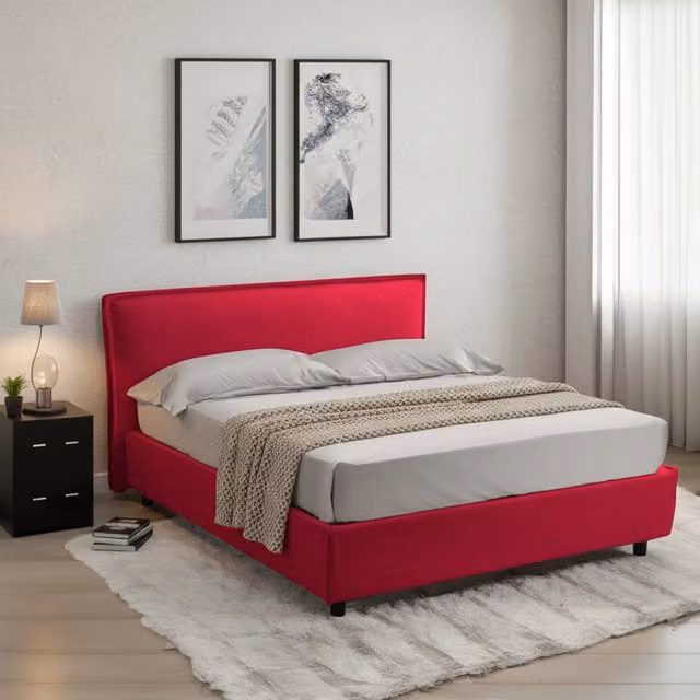 Letto alla francese DMORA con contenitore a sollevamento, sfoderabile, rosso e nero, L 120 cm x P 200 cm