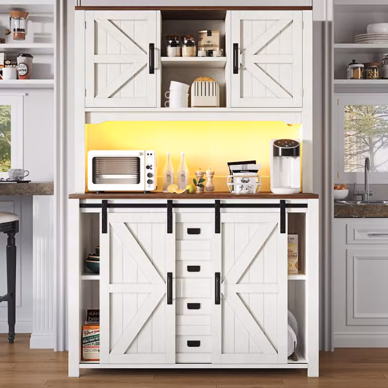 Flieks mobile alto da cucina con led, mobile da cucina a buffet con ante scorrevoli e cassetti, pannello alto 115x40x174,7cm, bianco