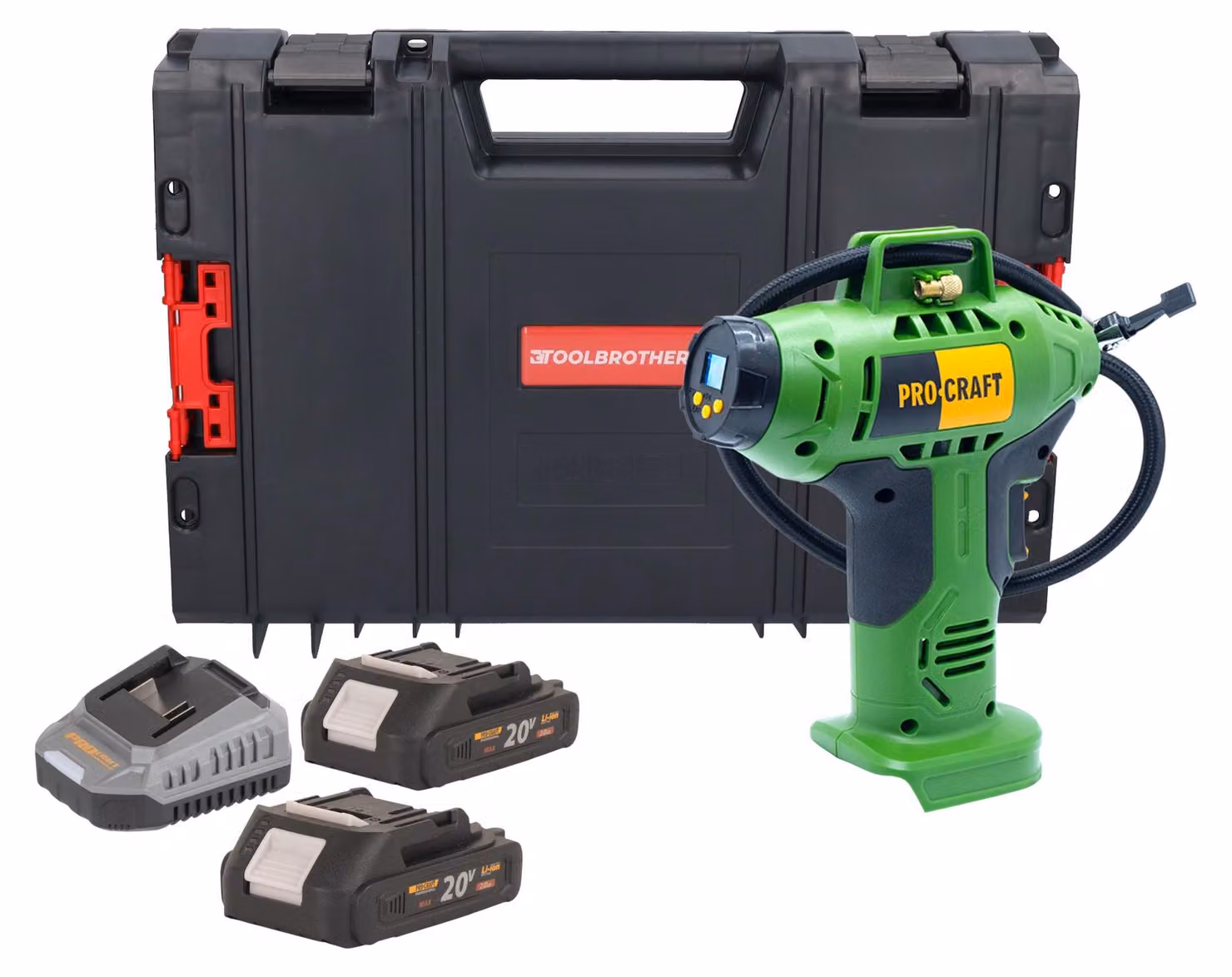 Compressore a batteria Procraft LK20 20 V 11 bar + 2x batteria 2,0 Ah + caricabatteria + valigetta portautensili RHINO