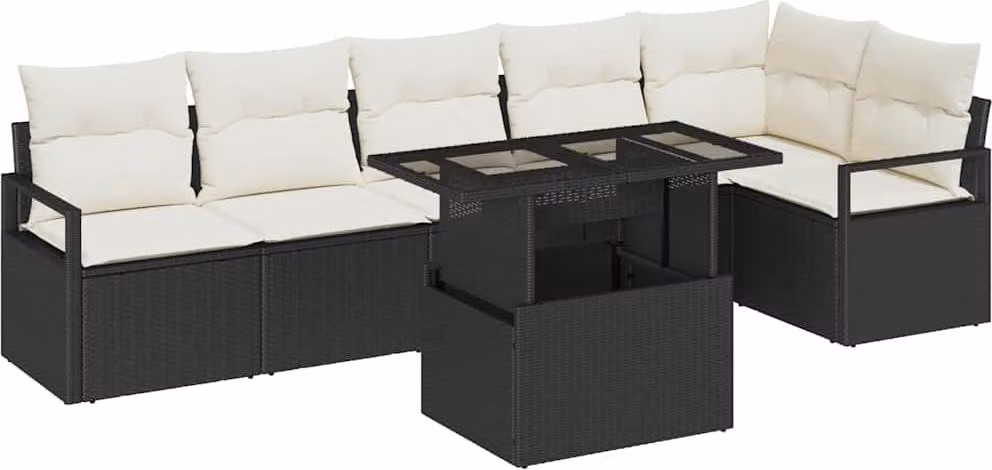 Set Divano da Giardino con cuscino 7 pcs Nero Poly Rattan